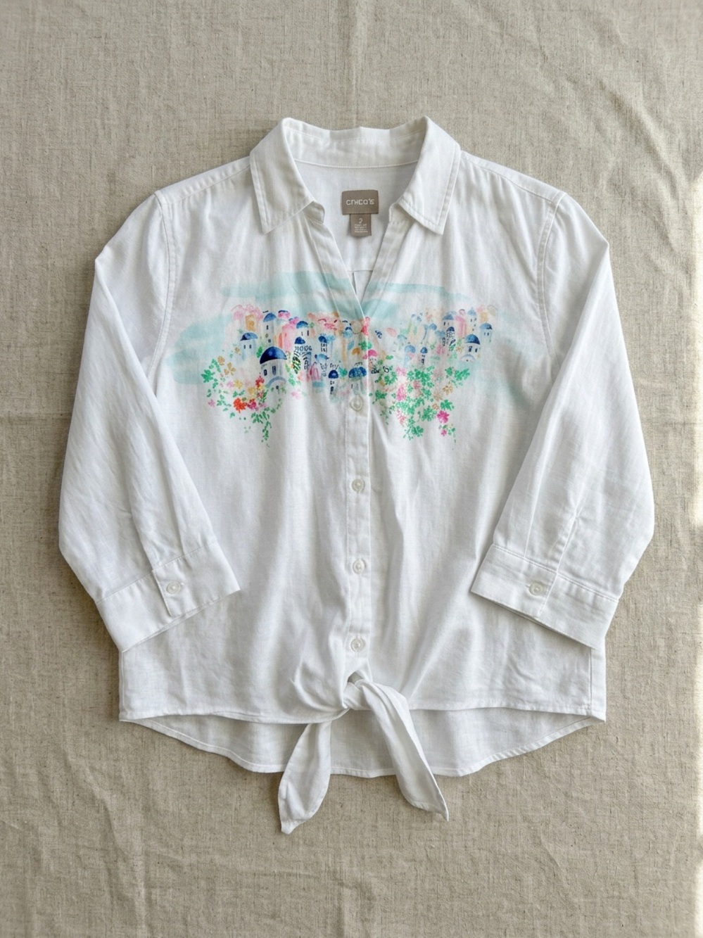 Chico's Mediterranean Scenic Graphic Tie-Front Shirt Large